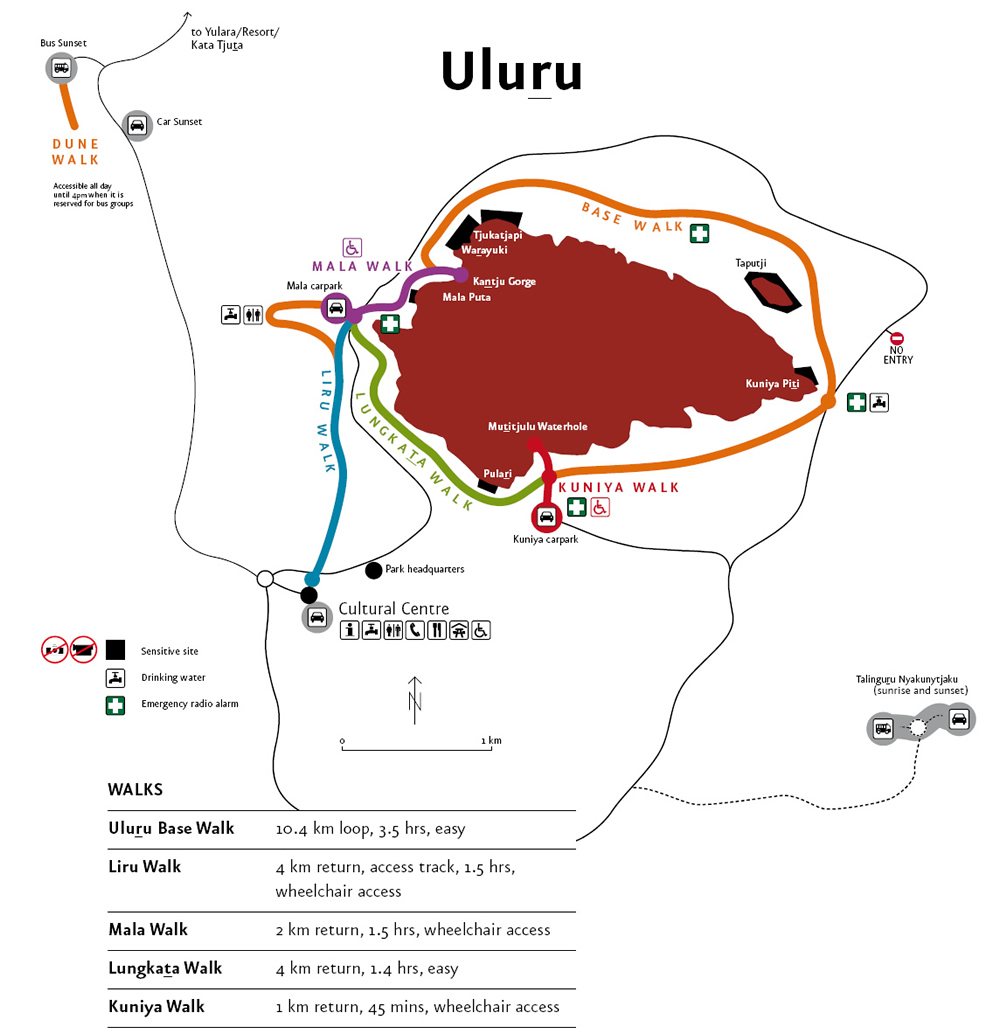 Map diagram showing the roads out and around Uluru 